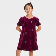 Girls' Short Sleeve Sequin 'Star' Velour Dress - Cat & Jack™ Burgundy S Party Dress Kids, Plaid Flannel Dress, Tulle Skirt Dress, Holiday Party Dress, Kids Garments, Kids Party Dresses, Velour Dress, Christmas Dresses, Clothing Aesthetic