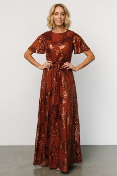 Muse Sequin Maxi Dress | Cinnamon - Baltic Born Sequin Maxi Dress For Fall, Fall Sequin Maxi Dress, Brown Short Sleeve Maxi Dress For Party, Brown Short Sleeve Party Dress, Fall Floor-length Sequin Dress, Brown Sequined Dress For Night Out, Brown Sequined Dress For Party, Hunter Green Maxi Dress, Silver Maxi Dress