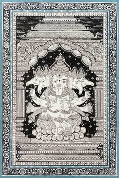 an intricately designed painting depicting the hindu god ganesha in black and white