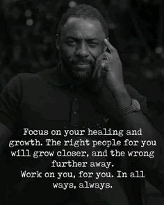 a man talking on a cell phone with a quote about focus on your healing and growth