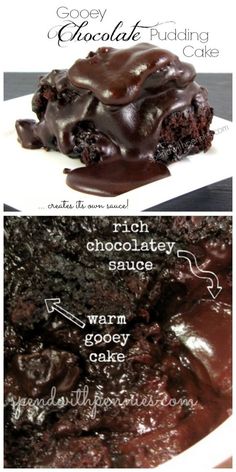 two pictures of chocolate pudding and rich chocolate sauce on white plates with words describing how to make it