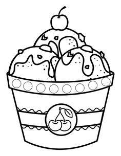 a cupcake with icing and an apple on top in a basket coloring page