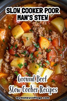 slow cooker pork man's stew in a crock pot with text overlay