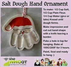 the instructions for how to make a salt dough hand ornament with santa's hat