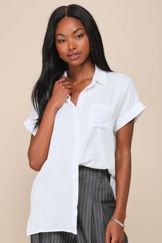 Keep it cute and classic in the Lulus Blythe White Short Sleeve Button-Up Top! Soft, lightweight woven fabric creates a collared neckline and cuffed, short sleeves. Relaxed bodice features a full button placket and front patch pocket. Notched, rounded hem. Pair with denim and a blazer for a casual-chic workday look! Fit: This garment fits true to size. Length: Above mid-thigh. Size medium measures 27.75" from shoulder to hem. Bust: Great for any cup size. Waist: Not Fitted - comfortable room thr Short Sleeve Tops With Placket For Daywear, Collared Blouse With Button Closure For Day Out, Blouse With Button Closure And Collar For Day Out, Classic Shirt With Button Closure For Day Out, Collar Blouse With Button Closure For Day Out, Chic Summer Button-up Short Sleeve Shirt, Short Sleeve Top With Cuffed Sleeves For Office, Short Sleeve Tops With Button Closure For Daywear, Chic Short Sleeve Shirt For Spring