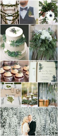 a collage of photos with white flowers and greenery on them, including wedding cake