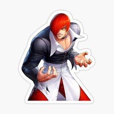 an anime character with red hair and black outfit holding his hand out to the side