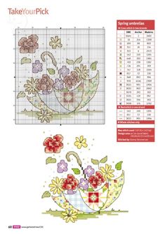 a cross stitch pattern with flowers in a basket and the words takeout pick on it