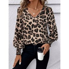 Season:Winter,Fall; Fabric:Polyester; Sleeve Length:Long Sleeve; Look After Me:Machine wash,Hand wash; Gender:Women's; Style:Basic,Casual; Elasticity:Micro-elastic; Tops Type:Blouse,Shirt; Occasion:Daily; Top Length:Regular Tops; Fit Type:Regular Fit; Pattern:Leopard; Design:Print; Neckline:V Neck; Front page:FF; Listing Date:10/15/2024 Fall Stretch Leopard Print Blouse, Fall Leopard Print Stretch Blouse, Stretch Leopard Print Blouse For Fall, Casual Leopard Print Blouse, Casual Leopard Print Blouse For Fall, Lantern Sleeved Blouses, Leopard Design, Shirt Blouses Women's, Brown Fall