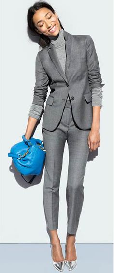 laws of general economy Minimalisticky Chic, Gray Turtleneck, Grey Suit, Blue Purse, Gray Suit, Silver Heels