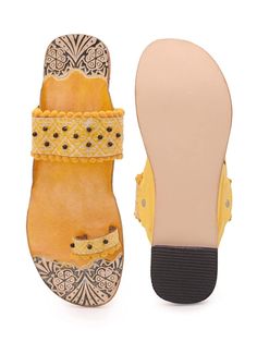 Yellow and Brown embossed and Beaded Boho Style Kolhapuri Chappals/Sandals for Women, Shoes for Women, Women Flats, Slip Ons, Indian Ethnic flop flip, Royal shoes, traditional style Women, Wedding Shoes, Bridal Shoes An enticing and comfortable pair of Indian slippers. Must have in your shoe collection. Contemporary sandals which will compliment every kind of outfit. PERFECT FOR ANY OCCASION AND ANY OUTFIT!! SOLE SIZE: *US 6-------Size 36---------23.5 cms (Foot Size) *US 7--------Size 37-------- Summer Festival Flats With Handwork, Traditional Slip-on Toe Ring Sandals For Beach, Traditional Toe Ring Slip-on Sandals For Beach, Cutdana Open Toe Sandals For Puja, Festival Toe Post Ring Sandals, Handwork Flats For Summer Festival, Traditional Beach Slippers Flat, Festive Open Toe Sandals For Beach, Traditional Flat Heel Summer Slippers