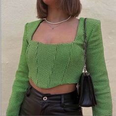 So Beautiful! Zara Neon Green/Black Houndstooth Bustier Crop Size M New With Tags! Never Worn No Damages Zipper On Side Shoulder Pads Length From Shoulder 14.5” Pit To Pit 16.5” Trendy Cropped Tops For Office, Chic Gingham Long Sleeve Tops, Chic Fitted Plaid Top, Trendy Fitted Houndstooth Tops, Chic Houndstooth Winter Tops, Chic Plaid Tops For Office, Gingham Fitted Top For Fall, Fitted Gingham Tops For Fall, Fitted Gingham Tops For Day Out