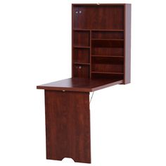 an office desk with a bookcase on top