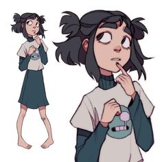 an animated girl with black hair is brushing her teeth