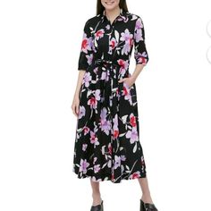 Calvin Klein Women's Floral 3/4 Sleeve Shirt Dress - Black Shirt Dress - Purple/Black/Pink/Red Floral Maxi Dress Size 6 Classic, Romantic, Tropical Button Down Shirt Dress -3/4 Sleeveless With Cuff Details - Natural Waistline With Removeable Tie Sash/Belt -100% Cotton -Button Closure Approx. Measurements: Pit To Pit: 18" Length: 49" Waist: 30" New With Tags. A2 Purple 3/4 Sleeve Spring Dress, Black Spring Dresses 3/4 Length, Black 3/4 Length Spring Dresses, Casual Long Sleeve Dresses By Calvin Klein, Casual Long Sleeve Calvin Klein Dress, Red Floral Maxi Dress, Animal Print Maxi Dresses, Button Down Shirt Dress, Black Slip Dress