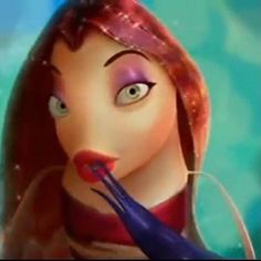 a cartoon character with long red hair and blue eyes holding a toothbrush in her mouth