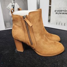 Tan Side Zipper Ankle Block Heeled Bootie Heel Height 3 Inches Bootie, Side Zipper, Block Heels, Bootie Boots, Heel Height, Ankle Boots, Size 7, Women Shoes, Zipper