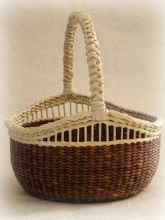 a wicker basket with handles on a white background