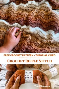 crochet ripple stitch blanket with text overlay that reads free crochet pattern - tutor video