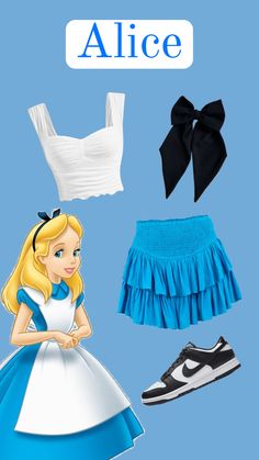 an image of alice costume and shoes on display with the name alice written in blue