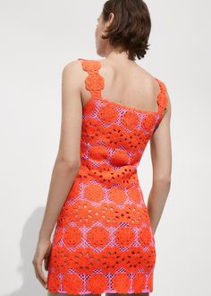 Floral crochet dress Crochet Lace Dress Pattern, Orange Crochet Dress, Lace Dress Pattern, Pull Orange, 60s Clothing, Floral Crochet Dress, Short Design, Crochet Lace Dress, Crochet Fabric