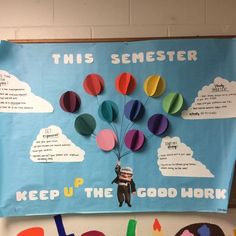 this bulletin board is decorated with colorful paper balloons and the words, keep up the good work