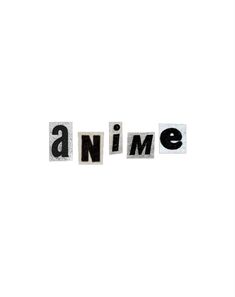 the word anime written in cut out letters on a white background with an orange and black cat