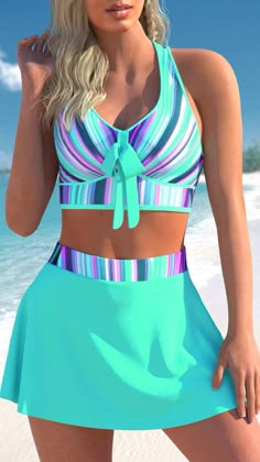 Padded Swimwear, Swimwear Tankini, Top Halter, Print Swimwear, Two Piece Swimsuit, Elegant Skirt