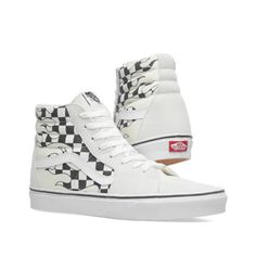 Vans Sk8-Hi Checkerboard Flame White Women's The Checker Flame Sk8-Hi Combines The Legendary Lace-Up High Top With Canvas And Suede Uppers Featuring A Checkerboard Flame Print, Re-Enforced Toecaps To Withstand Repeated Wear, Padded Collars For Support And Flexibility, And Signature Rubber Waffle Outsoles. Fuelling Its Sk8-Hi With Flame-Filled Appeal, Vans Step Out, Setting Fire To The Classic Checkerboard Design. Realised In Sturdy Canvas With Suede Overlays, The Iconic Vans Silhouette Sets The White Skate Shoes For Summer Streetwear, Vans White Mid-top Skate Shoes, White Mid-top Vans Skate Shoes, White Vans Sneakers For Summer, Trendy White Skate Shoes For Summer, Urban White Skate Shoes For Spring, Casual White Skate Shoes For Summer, White High-top Skate Shoes For Summer, White Sneakers For Skateboarding