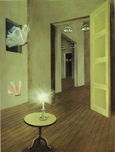 a painting of an open door with a lit candle on the table