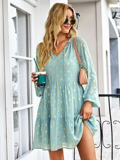 Ladies Vintage Dot Print Short Spring Autumn Boho Chiffon Dress Women Casual Party Dress Women Sundress Female Robe Vestidos Boho Chiffon Dress, Casual Party Dress, Chiffon Dress Short, Loose Mini Dress, Party Dress Women, Chiffon Shorts, Spotted Dress, Casual Party Dresses, Boho Fall