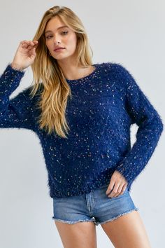 Stay warm and stylish with this women's navy blue knitted fuzzy sweater with multicolor polka dots. crafted from 60% polyester and 40% nylon, it's perfect for street/urban fashion and cardigans & sweaters. get yours now! Wholesale T Shirts, Polka Dot Sweater, Buy Sweaters, Leather Mini Dress, Oversize Women, Knit Leggings, Fuzzy Sweater, Moda Vintage, Cozy Sweater