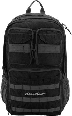 a black backpack with multiple pockets and zippers