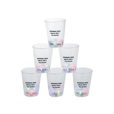 six shot glasses with the words keep bakehouse party printed on each one cup