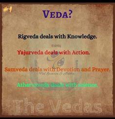 an old paper with the words veda written in different colors and font on it