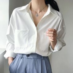 Workwear White Blouse Elegant Style White Shirts For Women, Female Tops, Pocket Blouse, Blouse Price, Women Blouse, Elegant Blouses, Blouse Tops, Korea Fashion, Elegant Shirt