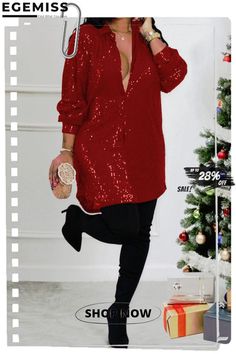 Red Sexy Casual Solid Sequins Shirt Collar Shirt Dress Dresses Dresses Coats, Collar Shirt Dress, Street Dress, Dress Sleeve Length, Collared Shirt Dress, Sequin Shirt, Dress Sleeve Styles, Solid Color Shirt, Loose Outfit