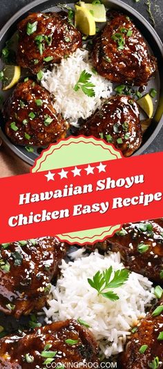 hawaiian show chicken easy recipe in a pan with rice and garnish on the side