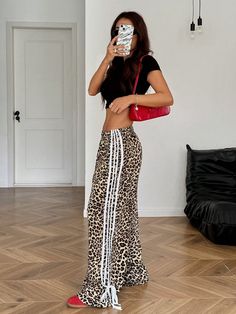 Women Casual Leopard Print Side Bow Tie Pants Multicolor Casual   Polyester Colorblock,Leopard Print,Textured Pattern Straight Leg Non-Stretch  Women Clothing, size features are:Bust: ,Length: ,Sleeve Length: Bow Tie Pants, Tie Pants, Pyjama Satin, Striped Wide Leg Pants, Dance Pants, Womens Tie, Tall Women, Tiger Print, Women Pants Casual