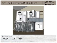 an image of a kitchen with white cabinets and bar stools on the counter top