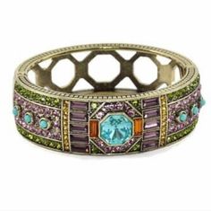 Incredible Wide, Oval Bangle Bracelet. The Front Is Covered With Petite, Pave Round Crystals - Octagonal, Baguette And Oval Glass Stone Accents, And Turquoise Seed Beads - Open Metalwork Back Features Textured Geometric Patterns That Give This Design An Art Deco Look! Stunning Amethyst And Aquamarine Colors Accented With The Green And Gold Crystals. Mint Condition. Measures 1" Wide And 9.5" Around The Outside, And 8" Inside. Bohemian Jeweled Bracelets For Formal Occasions, Bohemian Jeweled Bracelet For Formal Occasions, Oval Bangle, Gold Crystals, Aquamarine Colour, Heidi Daus, Crystal Art, Gorgeous Jewelry, Geometric Patterns