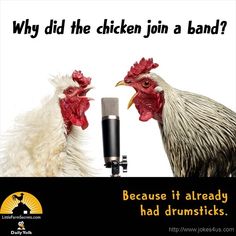 two chickens in front of a microphone with the words, why did the chicken cross the basketball court? he heard the referee calling fouls