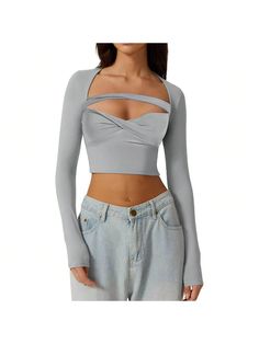 BZB Women's Sexy Sweetheart Neck Crop Top Long Sleeve Slim Fit Front Twist Knot Cropped T Shirts Grey Sexy  Long Sleeve  Plain    Women Clothing, size features are:Bust: ,Length: ,Sleeve Length: Trendy Fitted Hollow Out Top, Fitted Hollow Out Top For Club, Low-cut Club Tops With Built-in Bra, Long Sleeve Hollow Out Top For Club, Hollow Out Tops For Club In Spring, Crop Top Long Sleeve, Crop Top Long, Twist Knot, Long Crop Top