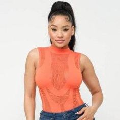 Julie All Over Fishnet Bodysuit-Orange - La Belle Gina Boutique Unisex Outfits, Women Bodysuit, Orange Bodysuit, Long Jean Skirt, Fishnet Bodysuit, Mock Neck Bodysuit, Unisex Clothes, Lingerie For Men, Long Jeans