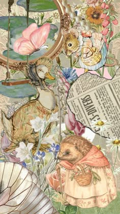 an artistic collage with flowers and birds