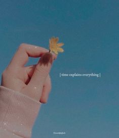 a hand holding a small yellow leaf with the words time explanans everything