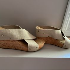 Lucky Brand Cork Wedge Sandals - 7.5 Beige Color Straps - Never Worn Beige Wedge Sandals With Cork-bed Midsoles And Round Toe, Casual Cream Open Toe Wedge Sandals, Summer Beige Slip-on Wedge Sandals, Beige Slip-on Summer Wedge Sandals, Chic Beige Wedge Sandals With Cushioned Footbed, Cream Platform Wedge Sandals Slip-on, Beige Wedge Sandals With Cork-bed Midsoles, Casual Cream High Heel Wedge Sandals, Casual Beige Wedge Sandals With Cushioned Footbed