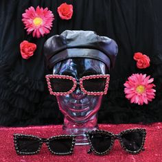 Okay, so like the world is on fire, and we have some unhealthy coping mechanisms, but we’re still FINE AS HELL!!! 💅 To all my ✨SAD BADDIES✨ these embellished sunglasses are for you to level up your (already fabulous) look! Each temple leg is printed with “dark but make it cute” in gold. For all your 🙃 needs! The extra DARK 🖤 lenses are surrounded by ultra sparkly gems in luxe gold 4-prong settings, cuz you deserve it boo. 💎 Ultra 🖤dark 🖤 black tinted lenses Comes in a jumbo faux leather bl Edgy Sunglasses With Mirrored Lenses For Party, Edgy Party Sunglasses With Mirrored Lenses, Edgy Tinted Sunglasses For Party, Edgy Black Sunglasses For Party, Edgy Sunglasses For Summer Parties, Trendy Black Sunglasses With Rhinestones, Black Glass Sunglasses For Festival, Embellished Sunglasses, Crystal Sunglasses