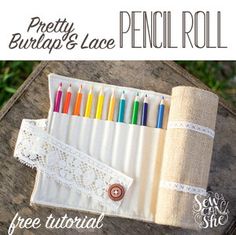 the pencil roll is filled with markers and crochet hooks, along with lace