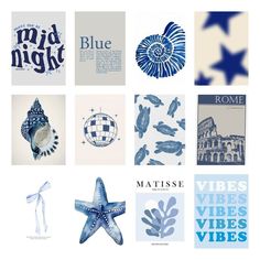 blue and white wallpaper with starfish, seashells, shells, and other items